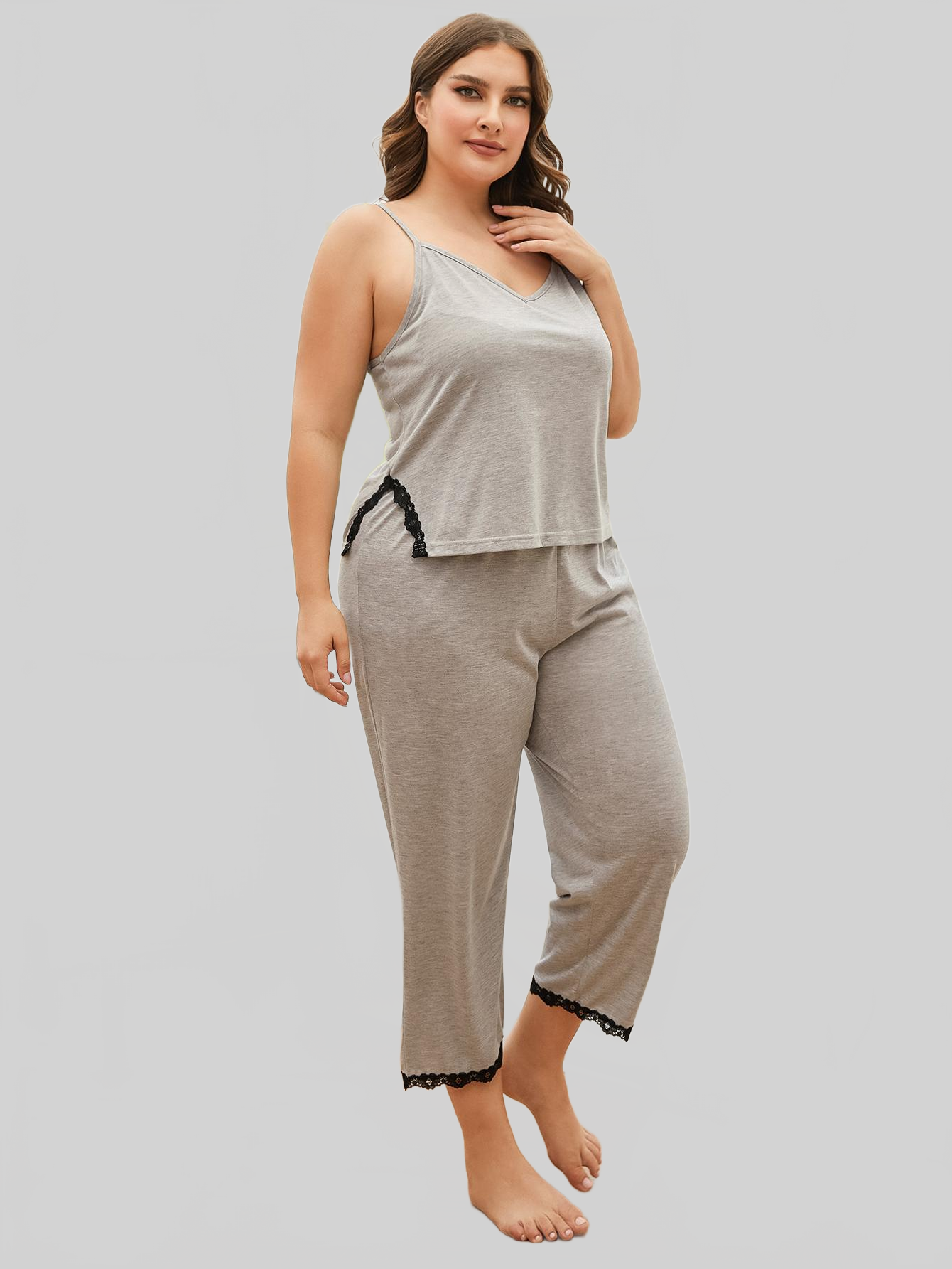 Plus Size Lace Trim Slit Cami and Pants Pajama Set nicholesgifts