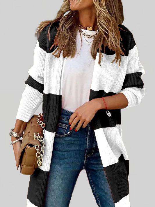 Women Contrast Open Front Long Sleeve Cardigan nicholesgifts