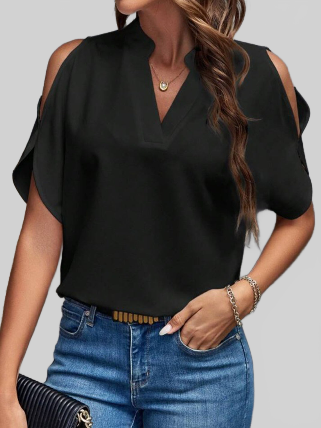 Notched Cold Shoulder Half Sleeve Blouse nicholesgifts