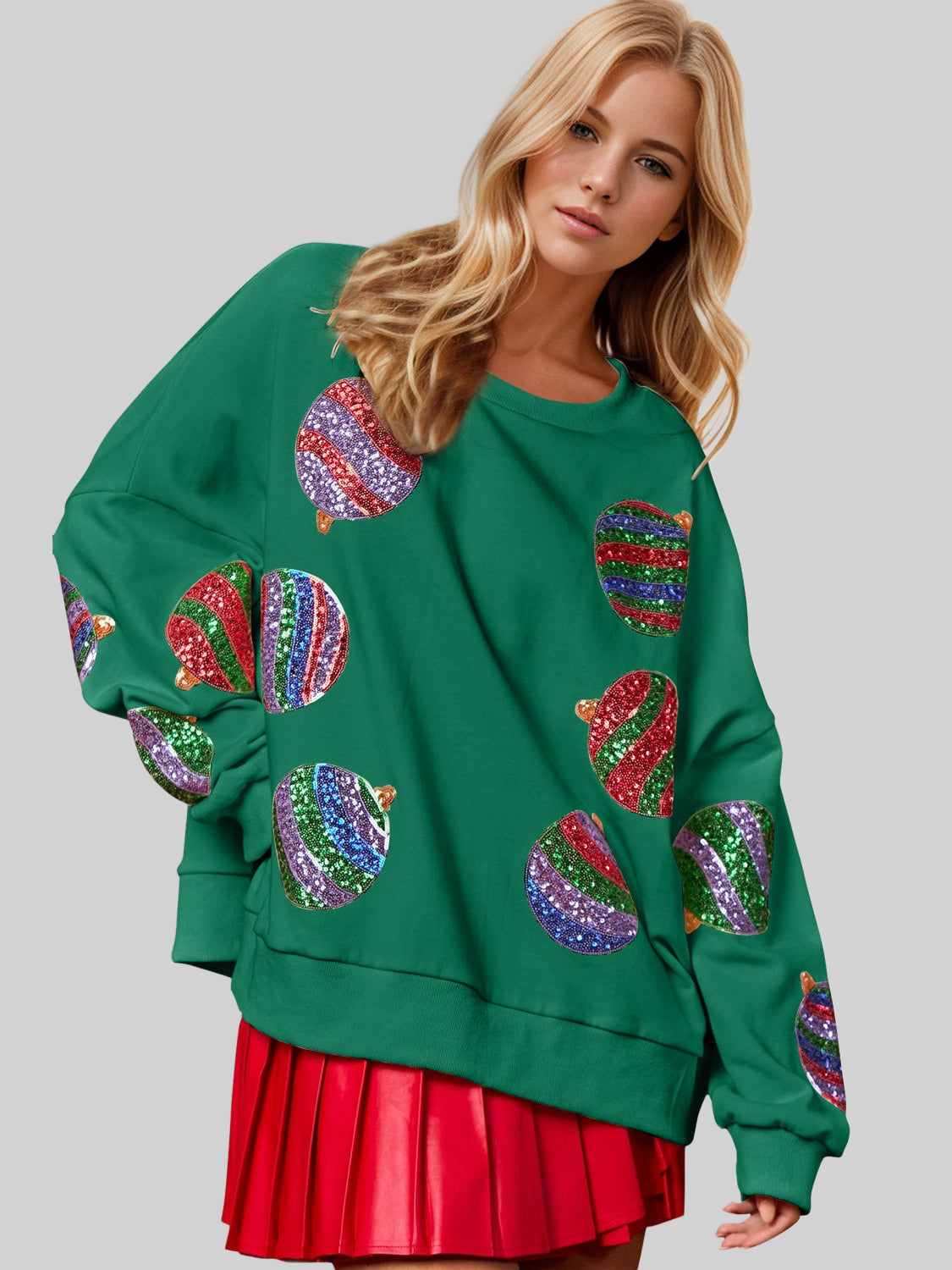 Women Double Take Christmas Element Sequin Round Neck Long Sleeve Sweatshirt nicholesgifts