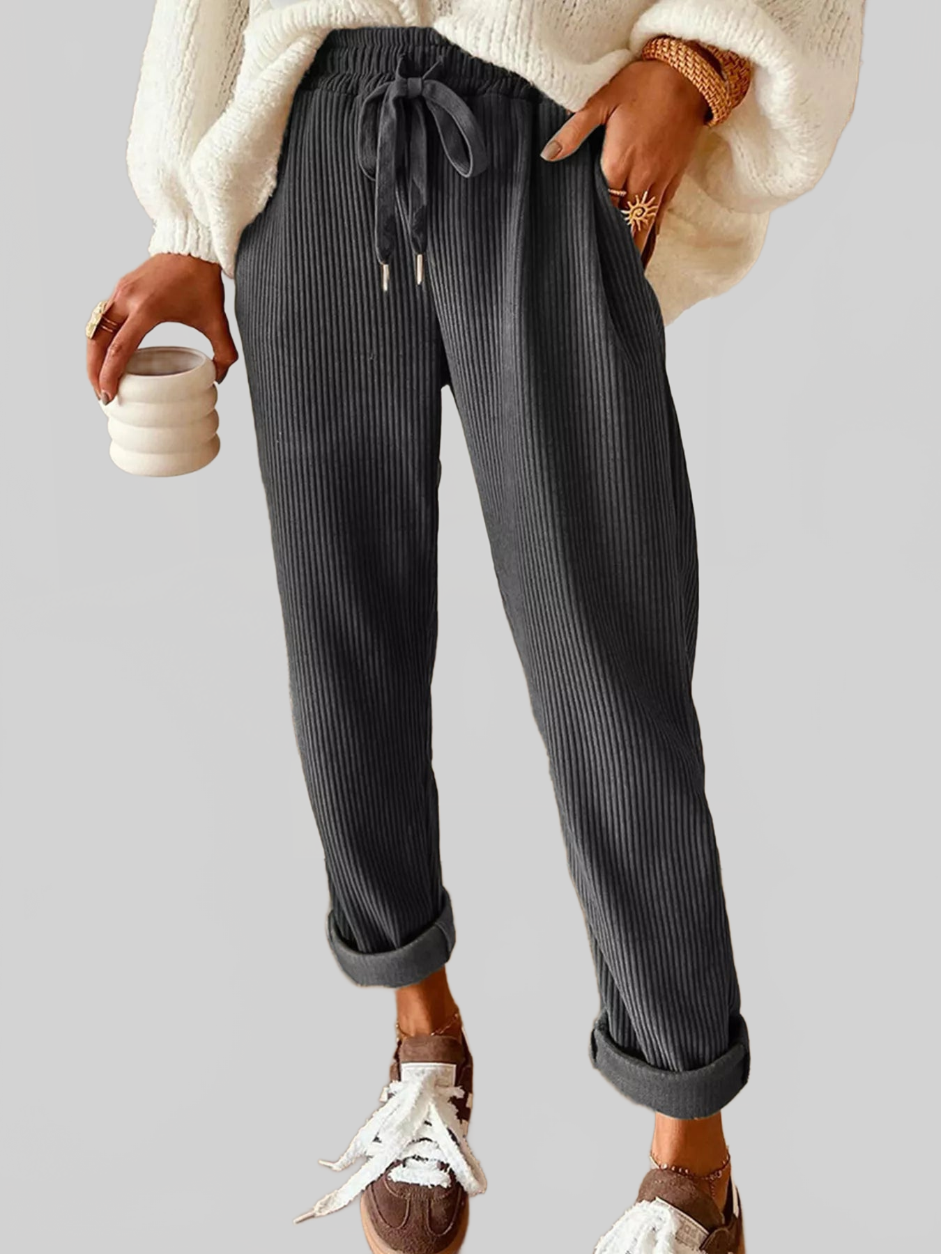 Women Casual Corduroy Drawstring Waist Pants nicholesgifts