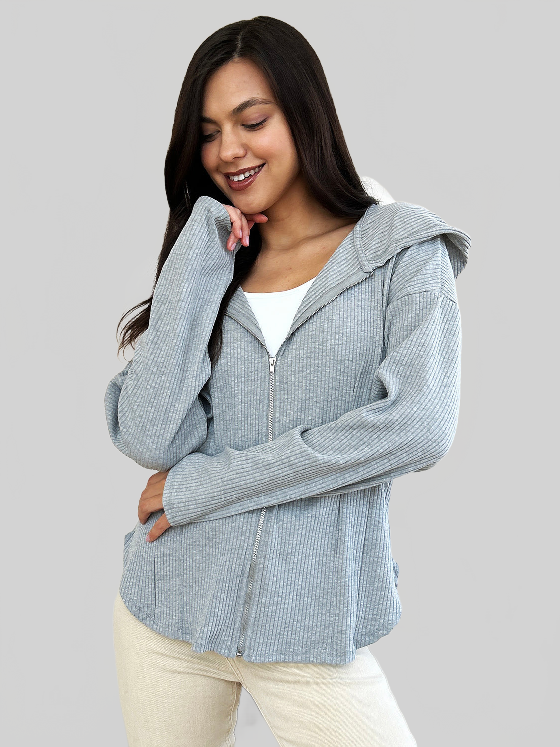 NicholesGifts Women Culture Code Full Size Ribbed Zip Up Drawstring Hooded Jacket NicholesGifts