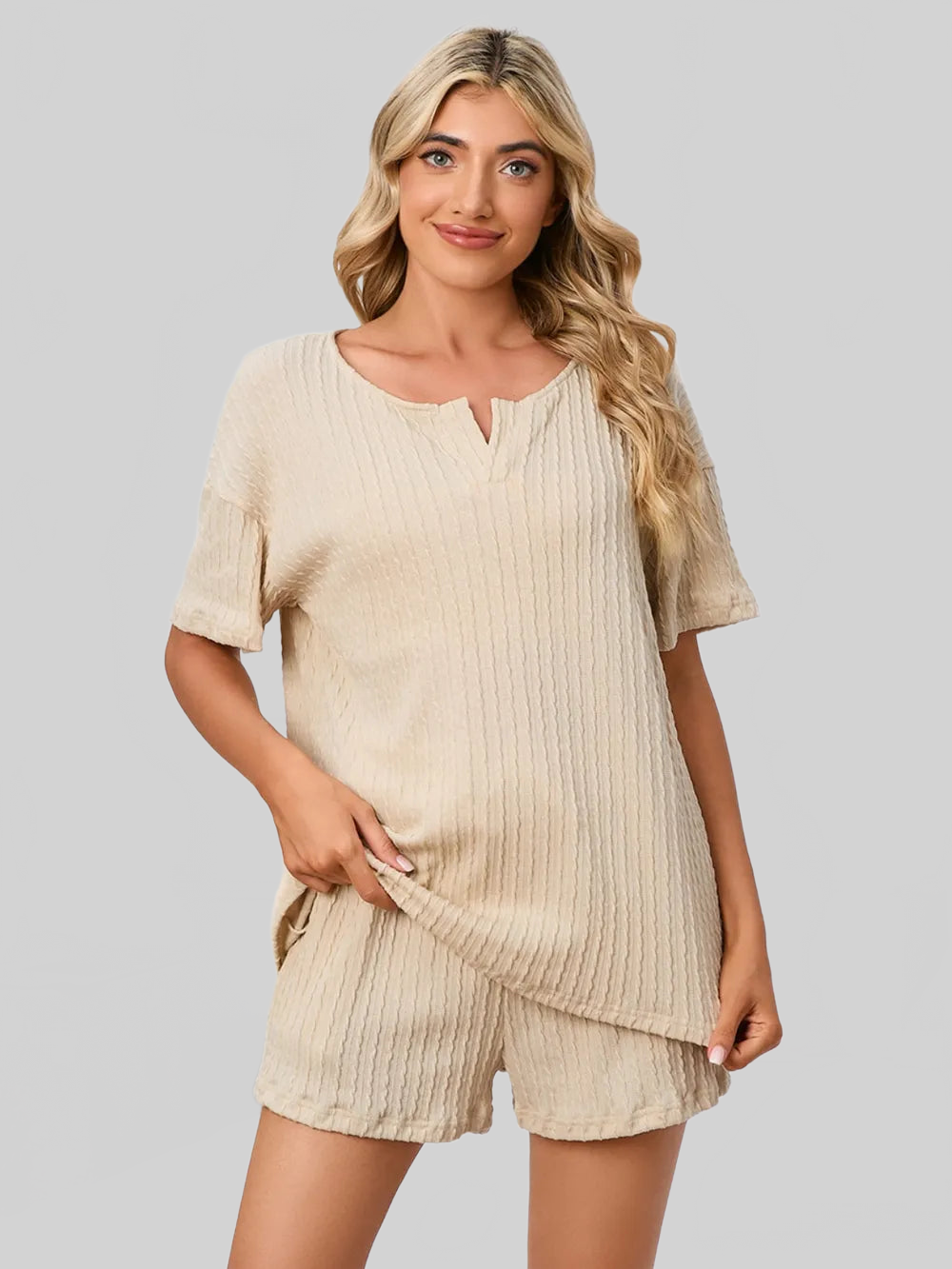 Notched Short Sleeve and Shorts Lounge Set nicholesgifts