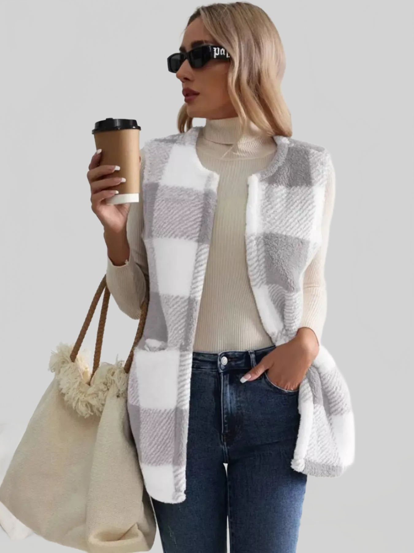 Women Cozy Plaid Sherpa Vest Coat nicholesgifts