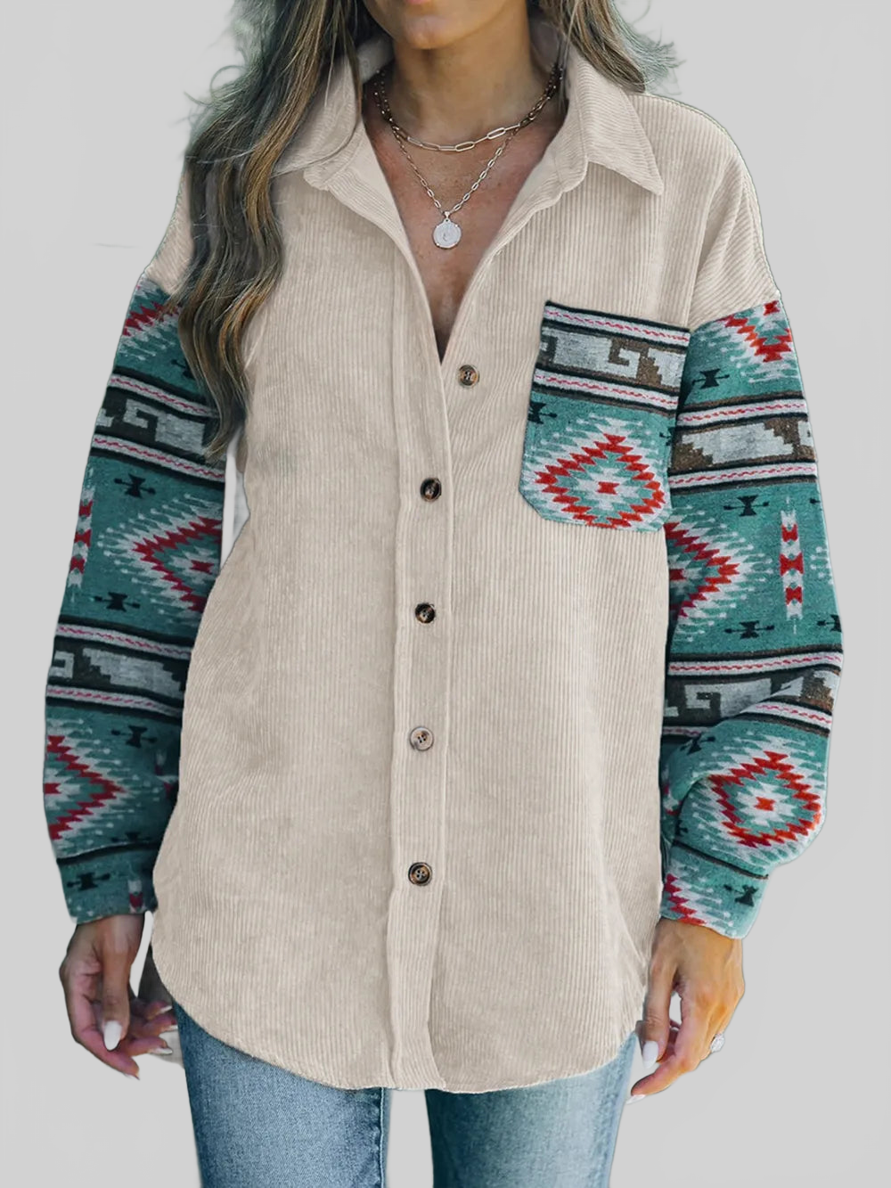 Perfee Pocketed Geometric Collared Neck Shacket nicholesgifts