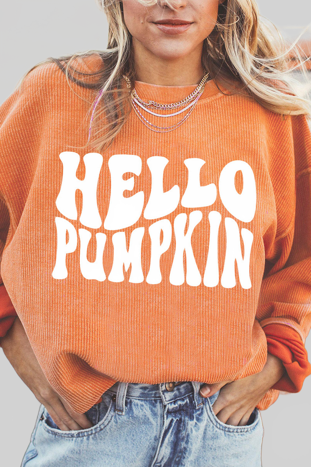 Round Neck Dropped Shoulder HELLO PUMPKIN Graphic Sweatshirt nicholesgifts