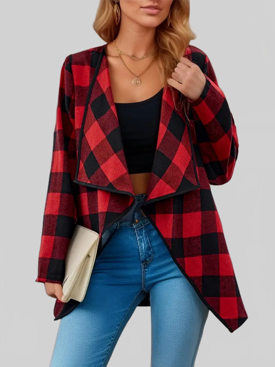 Plaid Open Front Long Sleeve Jacket NicholesGifts
