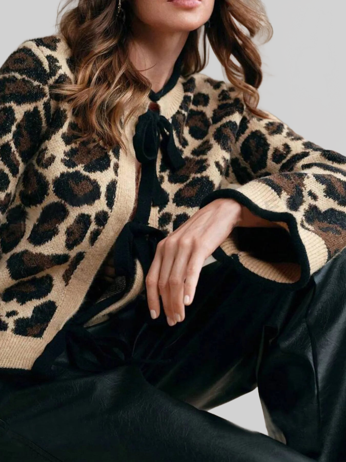 Women Leopard Print Bow-Tie Front Cropped Cardigan Sweaters NicholesGifts