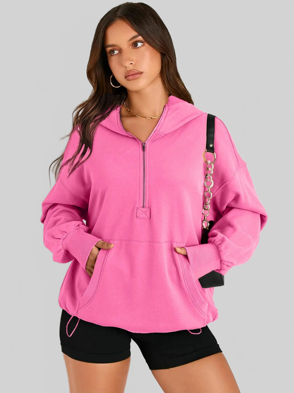 Pocketed Half Zip Long Sleeve Hoodie NicholesGifts