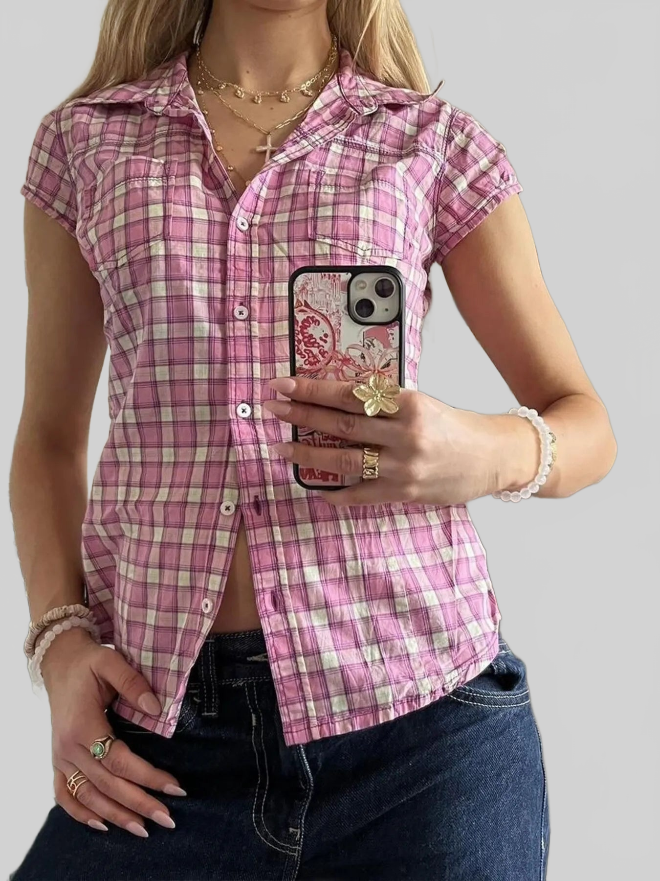 Plaid Cap Sleeve Button-Up Shirt Trendsi