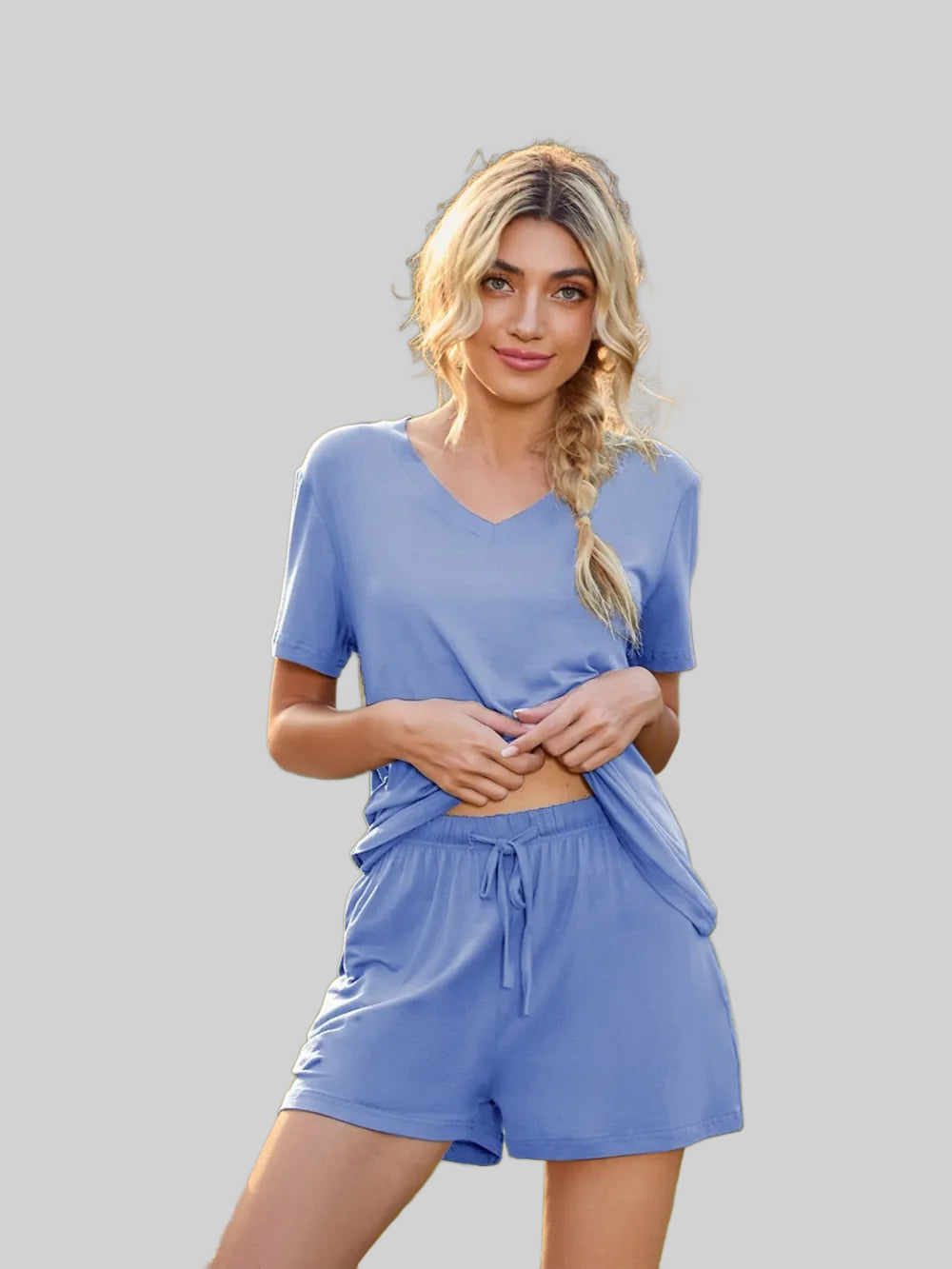 V-Neck Short Sleeve Top and Pocketed Shorts Lounge Set nicholesgifts