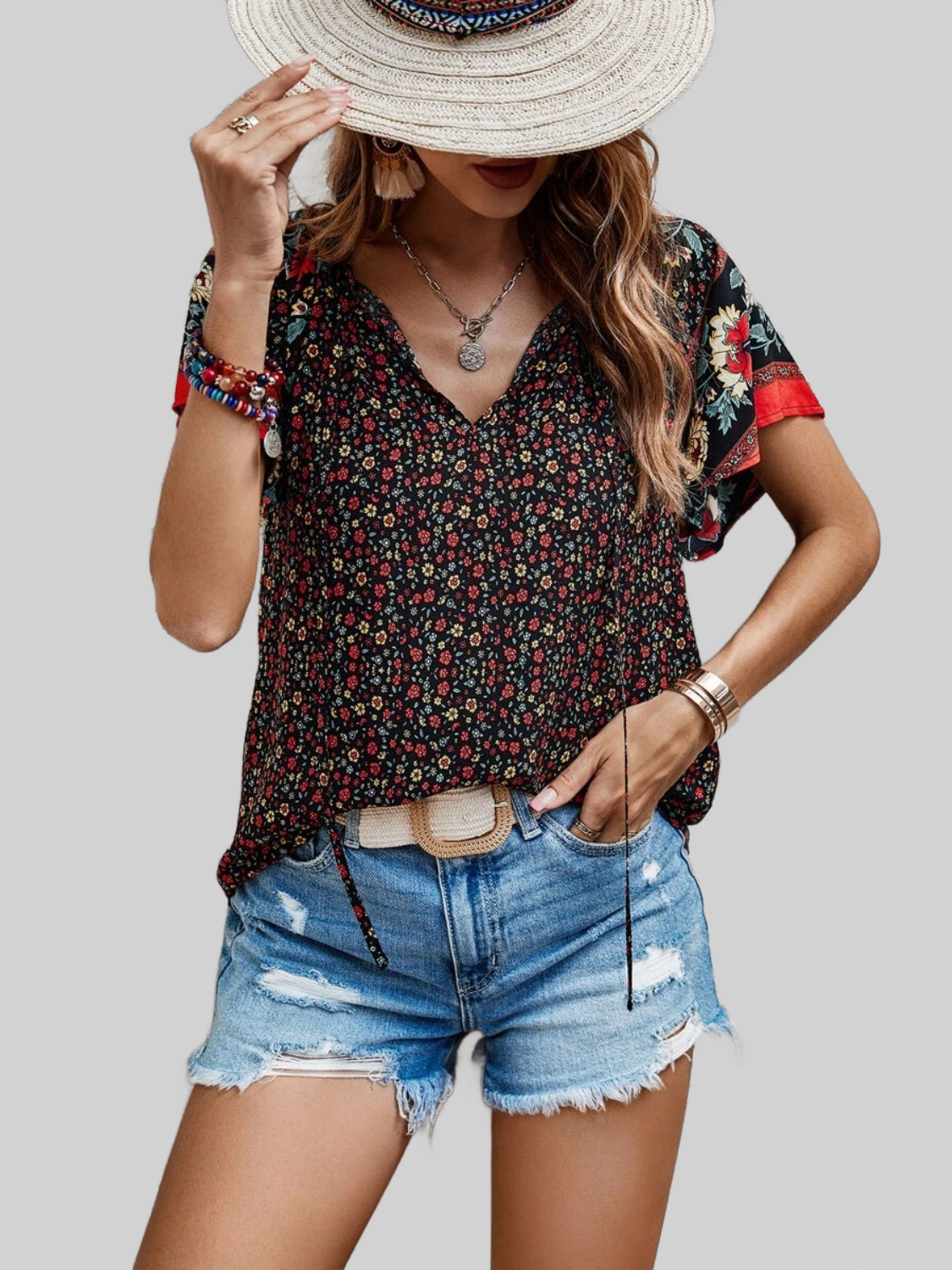 Women Printed Tie Neck Short Sleeve Blouse NicholesGifts