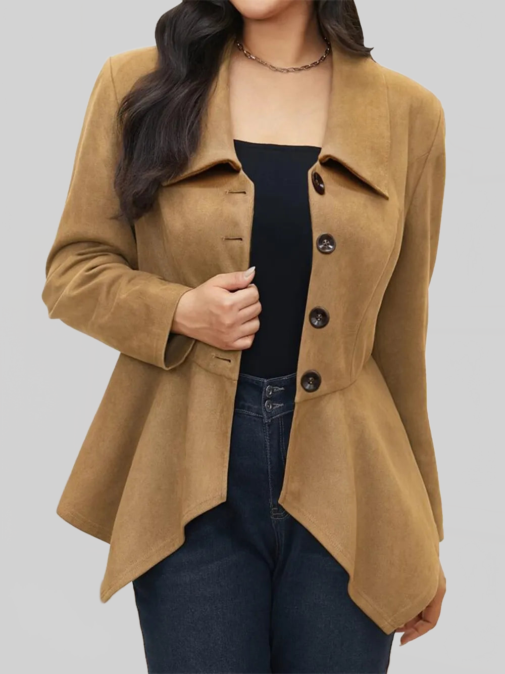 Handkerchief Hem Button Up Collared Neck Jacket NicholesGifts