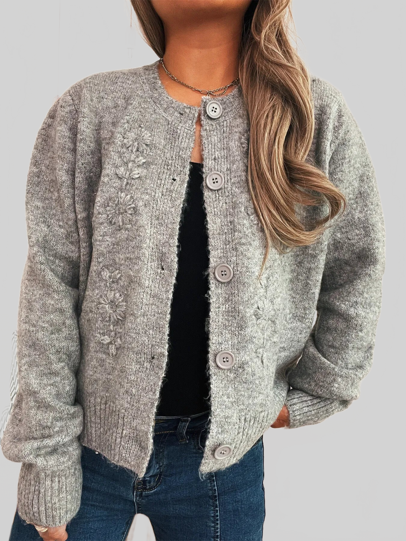 Flower Button Up Ribbed Hem Cardigan nicholesgifts