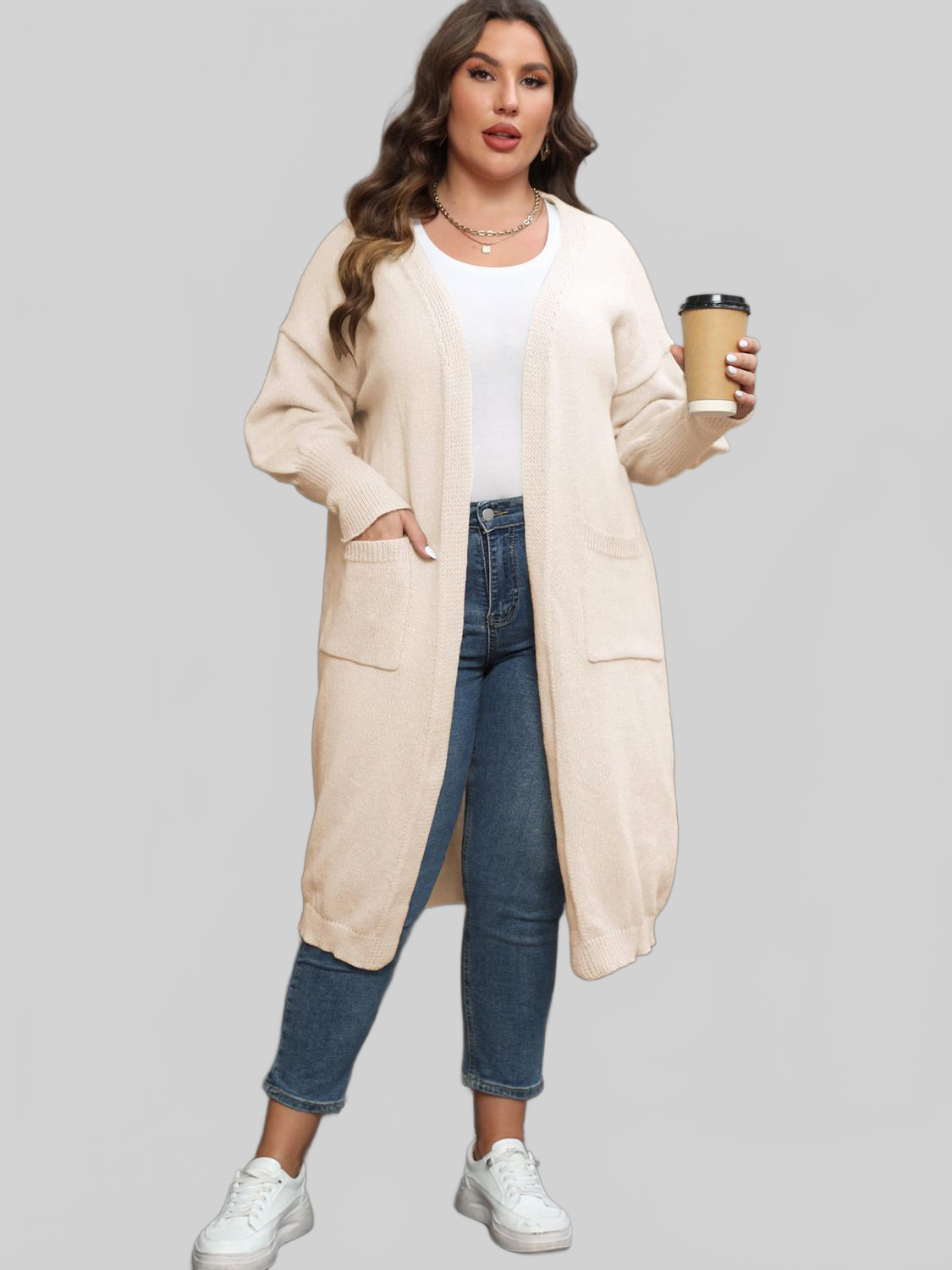 Plus Size Long Sleeve Pocketed Cardigan Trendsi