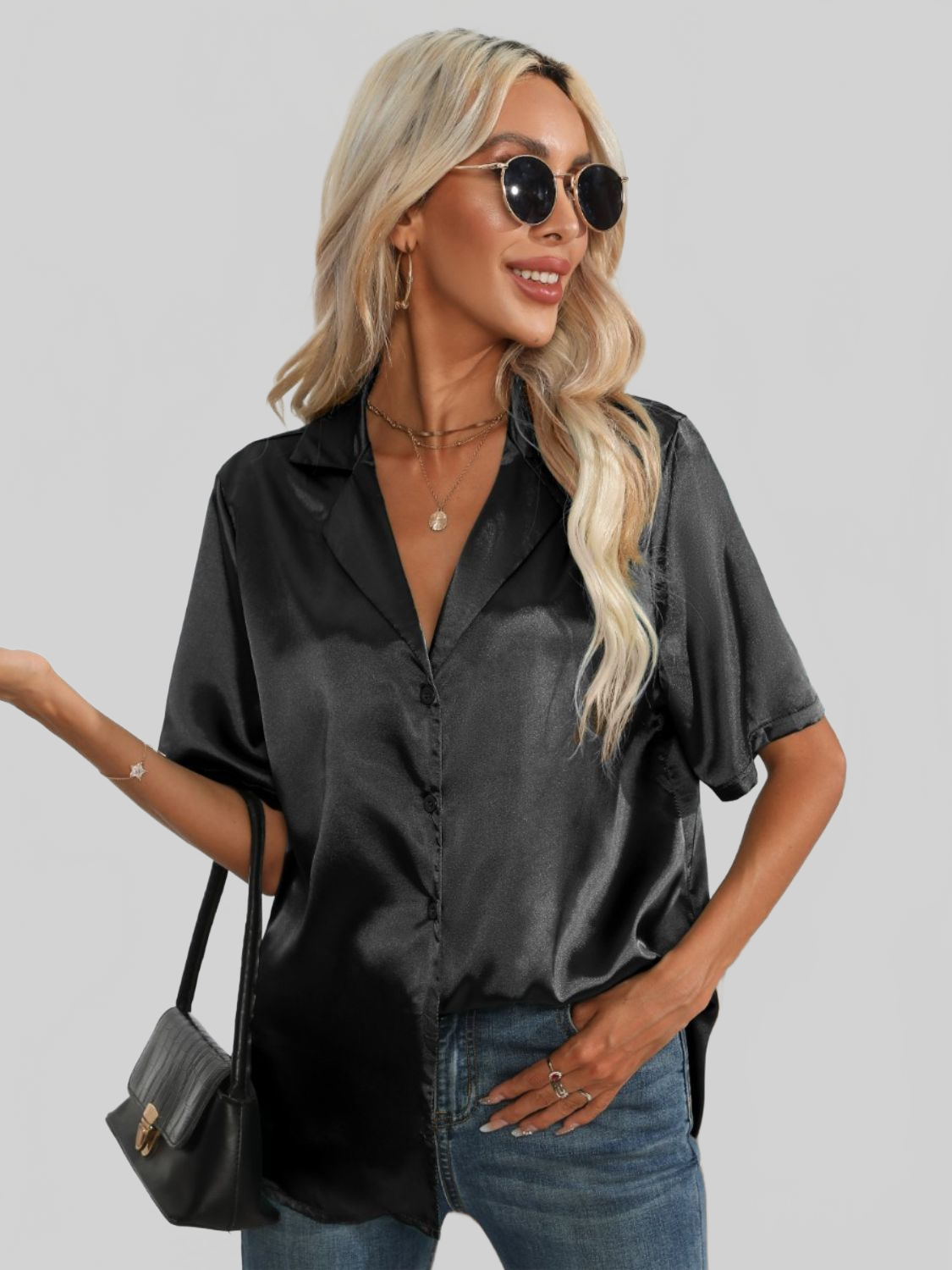 Women Button Up Collared Neck Shirt nicholesgifts