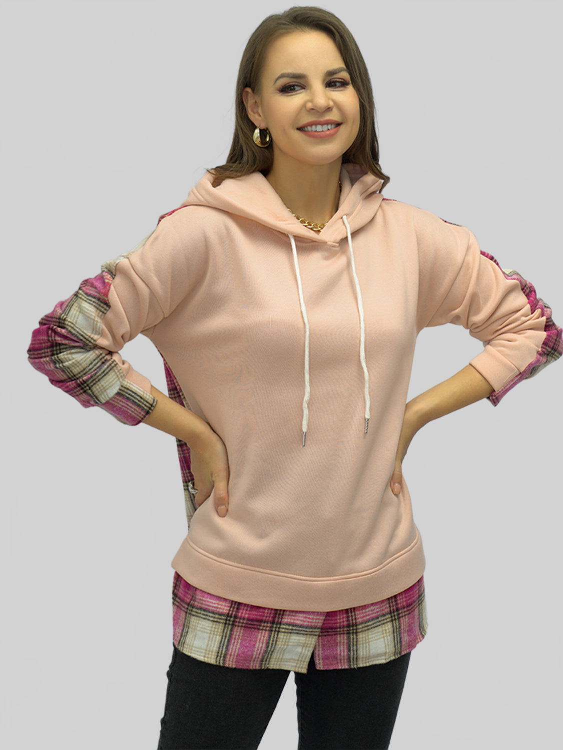 NicholesGifts Women Shiny Plaid Drawstring Drop Shoulder Slit Hoodie NicholesGifts