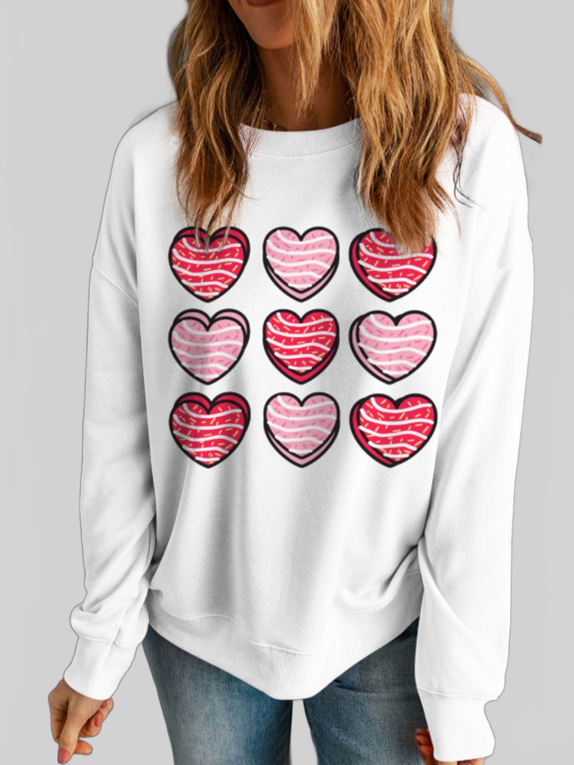 Women Valentine's Day Heart Round Neck Long Sleeve Sweatshirt nicholesgifts