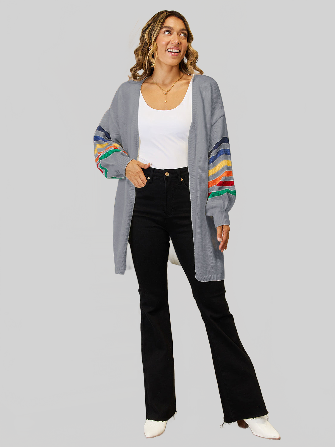 Women Angel Wings Striped Open Front Dropped Shoulder Cardigan nicholesgifts