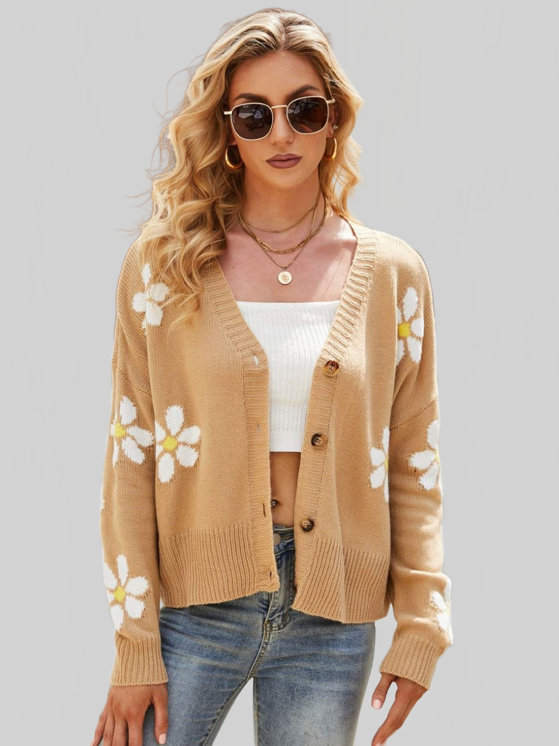 Floral Ribbed Trim Drop Shoulder Cardigan nicholesgifts
