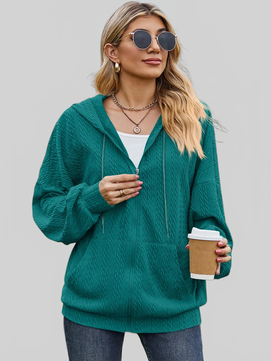 Drawstring Zip Up Dropped Shoulder Hoodie nicholesgifts