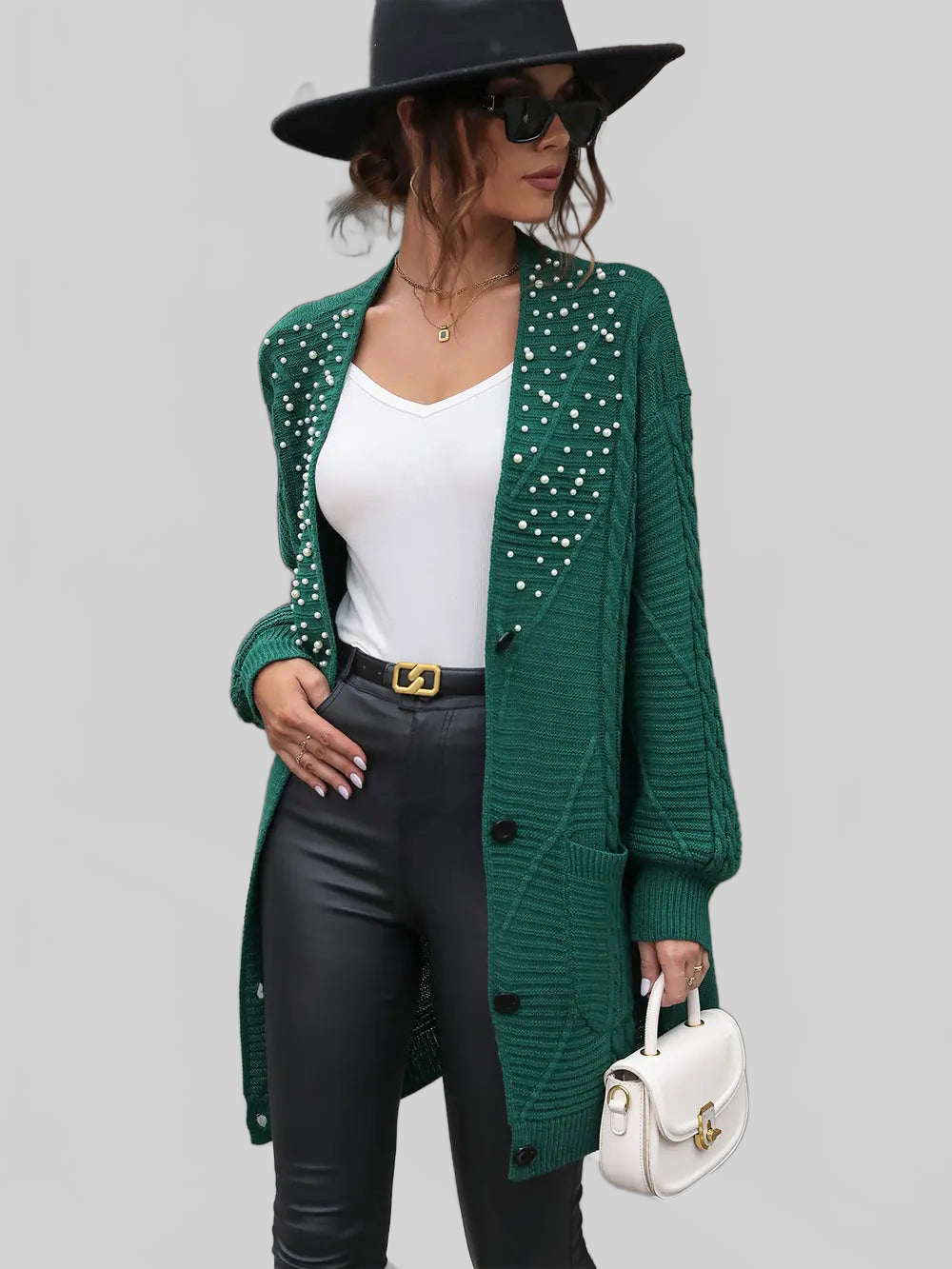 Women Perfee Pearl Detail Cable-Knit Button Up Cardigan nicholesgifts