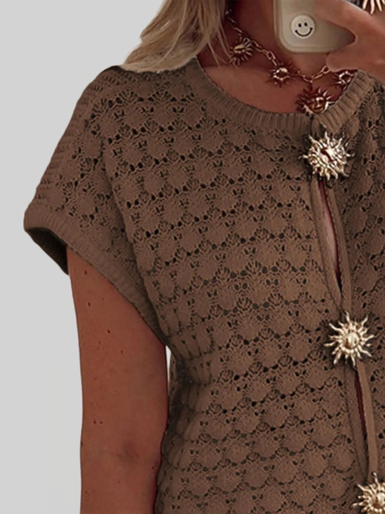 Crochet Short Sleeve Button Front Cardigan nicholesgifts