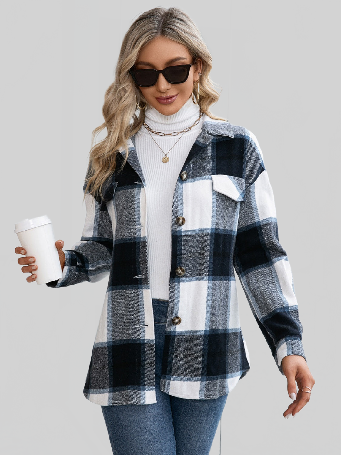 Women Ivy Lane Plaid Button Up Long Sleeve Shacket NicholesGifts