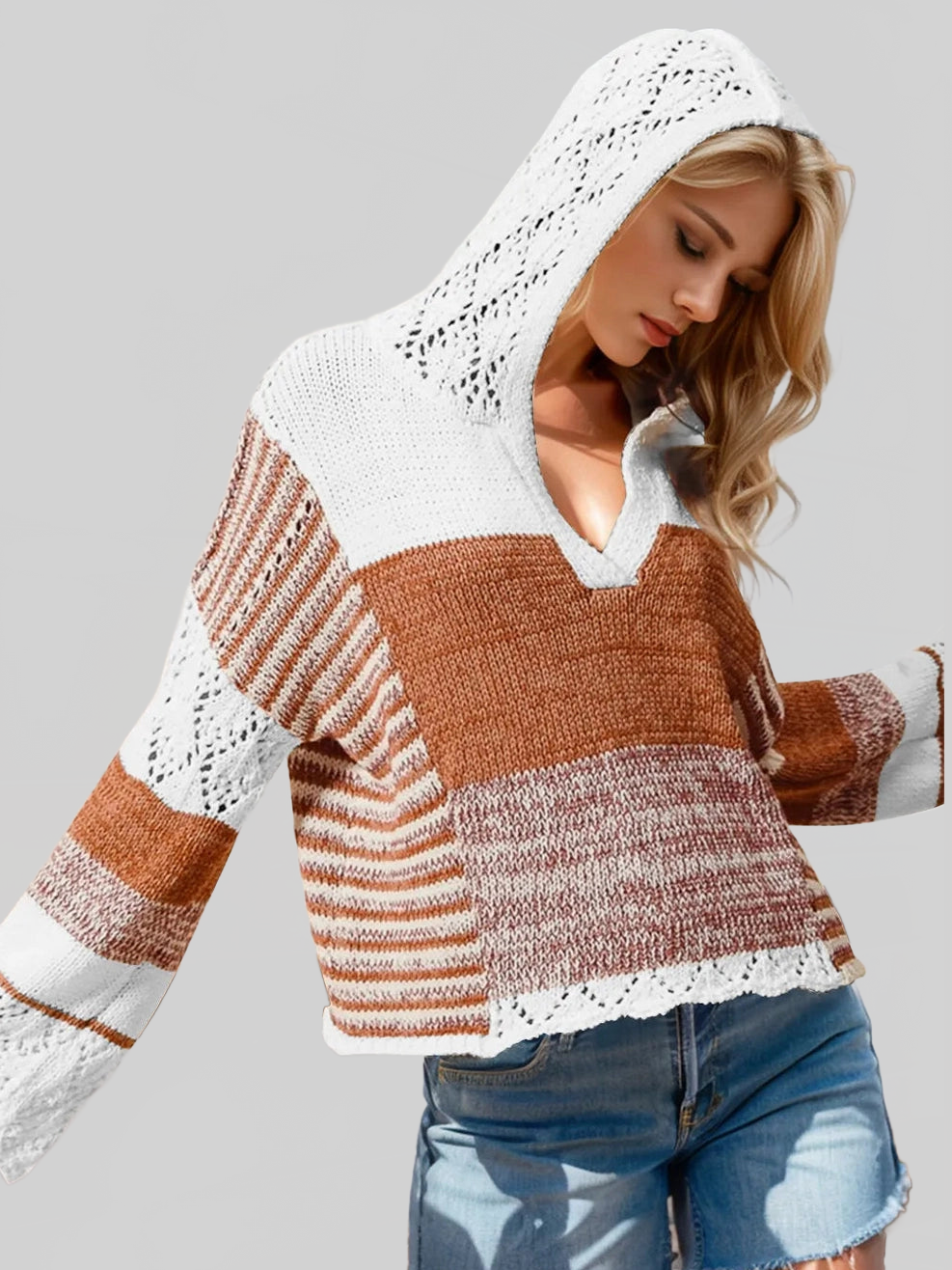 Women Double Take Full Size Openwork Contrast Long Sleeve Hooded Sweater NicholesGifts