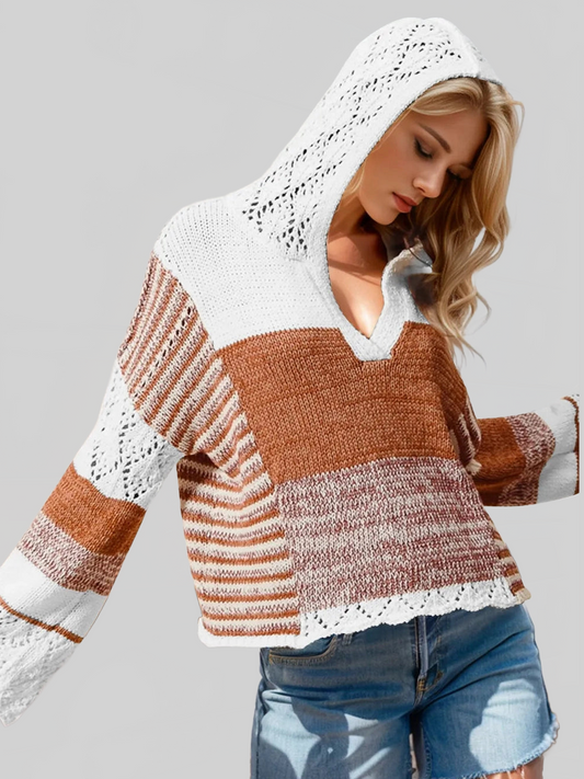 Women Double Take Full Size Openwork Contrast Long Sleeve Hooded Sweater NicholesGifts