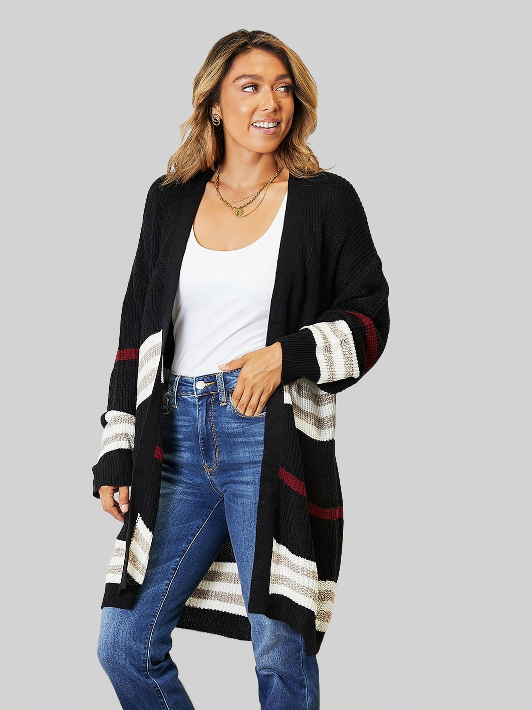 Women Perfee Striped Rib-Knit Drop Shoulder Open Front Cardigan nicholesgifts