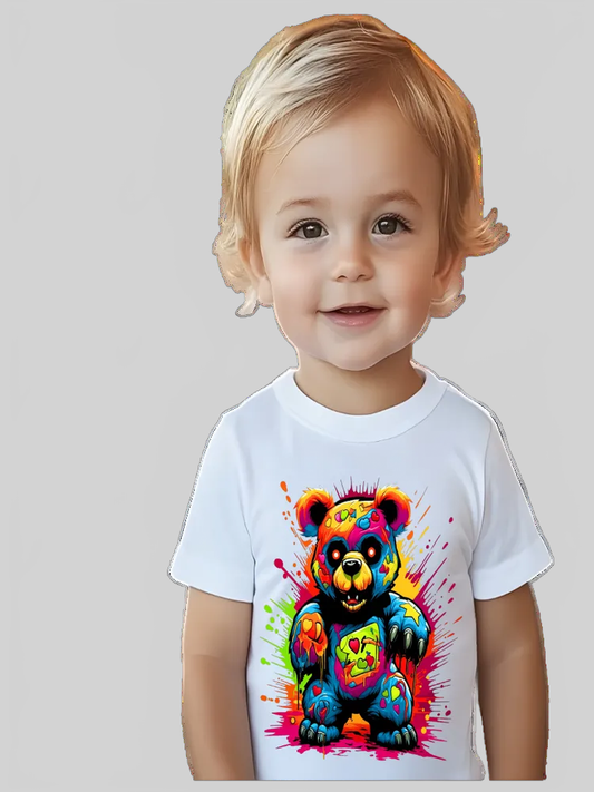 Toddler Boys Multicolored Color Splash Teddy Bear Crewneck Short Sleeve T-Shirt nicholesgifts
