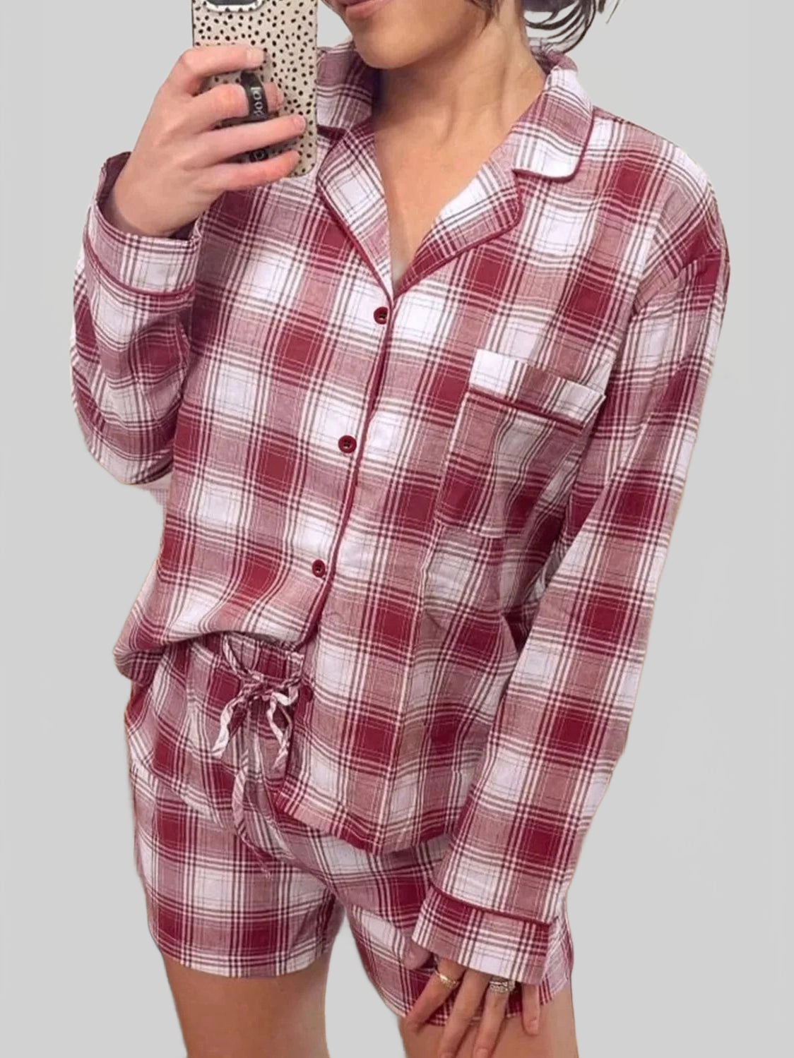 Plaid Long Sleeve Shirt and Drawstring Shorts Lounge Set nicholesgifts