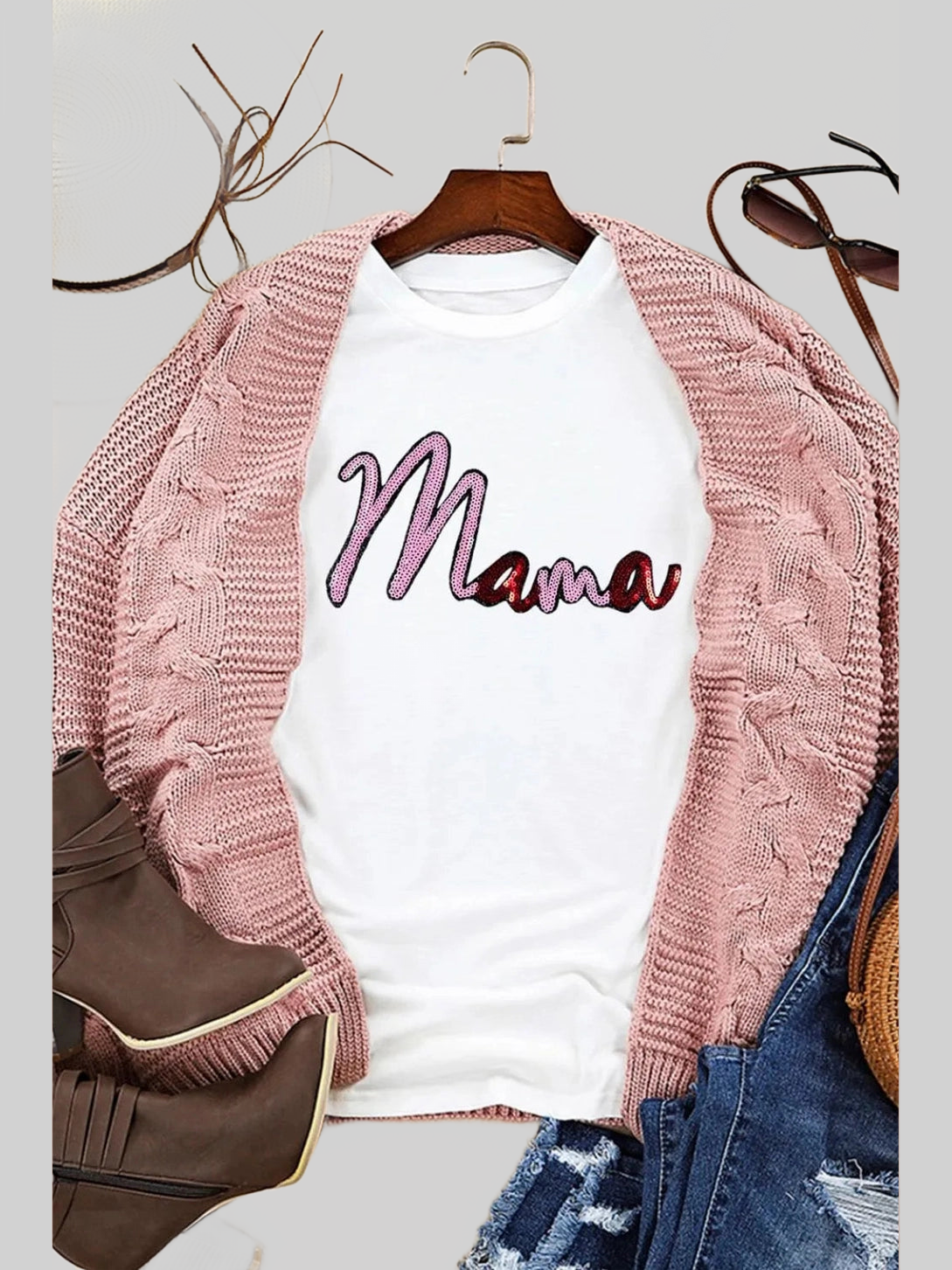 MAMA Sequin Round Neck Short Sleeve T-Shirt nicholesgifts