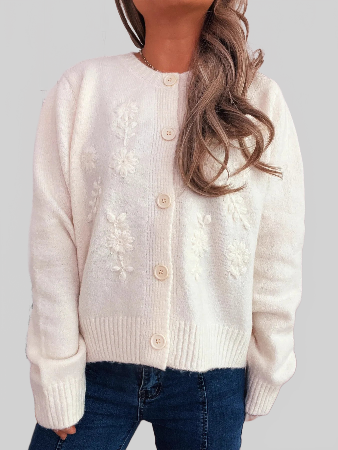 Flower Button Up Ribbed Hem Cardigan nicholesgifts