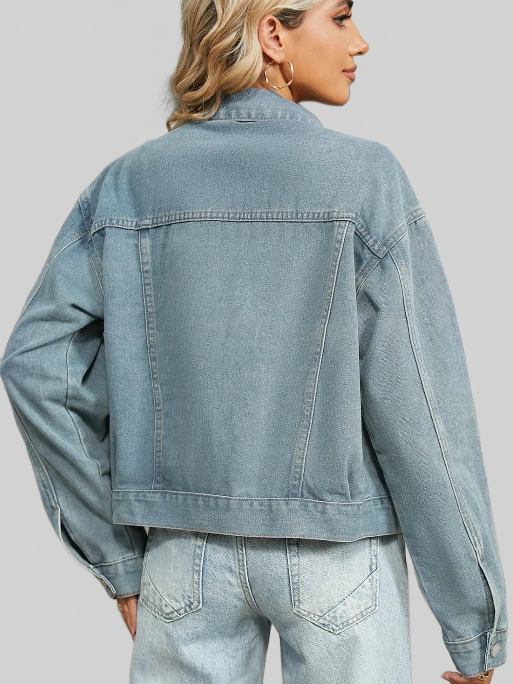 Rhinestone & Peal Trim Button Down Long Sleeve Denim Jacket nicholesgifts