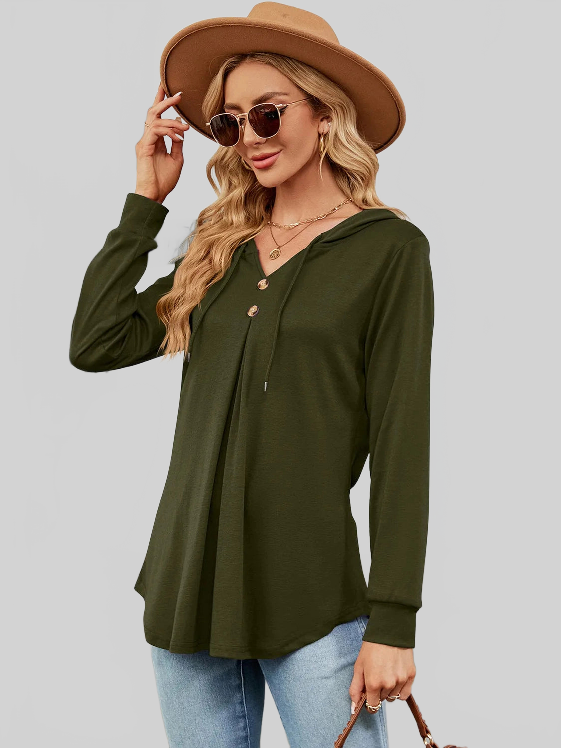 Decorative Button Drawstring Long Sleeve Hoodie NicholesGifts