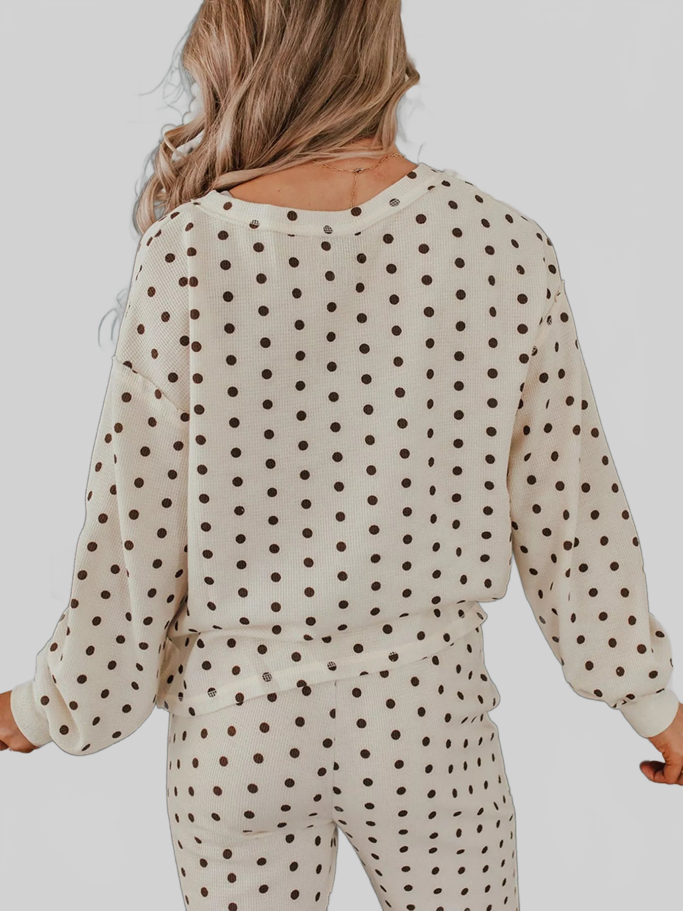 Polka Dot Notched Long Sleeve Top and Drawstring Joggers Lounge Set nicholesgifts