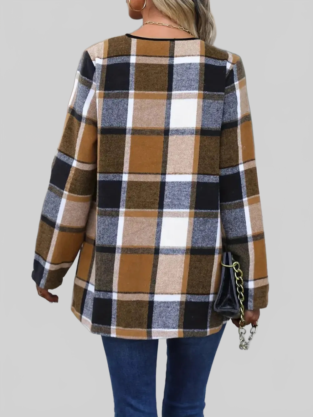 Plaid Open Front Long Sleeve Jacket nicholesgifts
