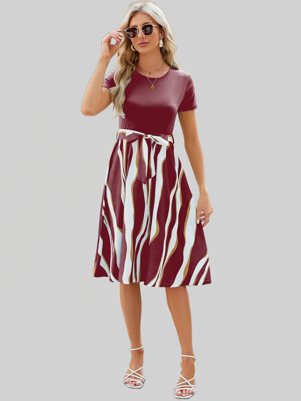 Printed Tie Waist Short Sleeve Dress nicholesgifts