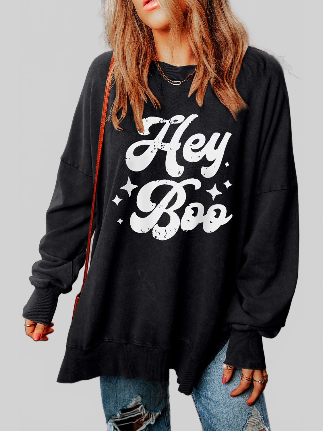 Women Hey Boo Graphic Round Neck Sweatshirt NicholesGifts