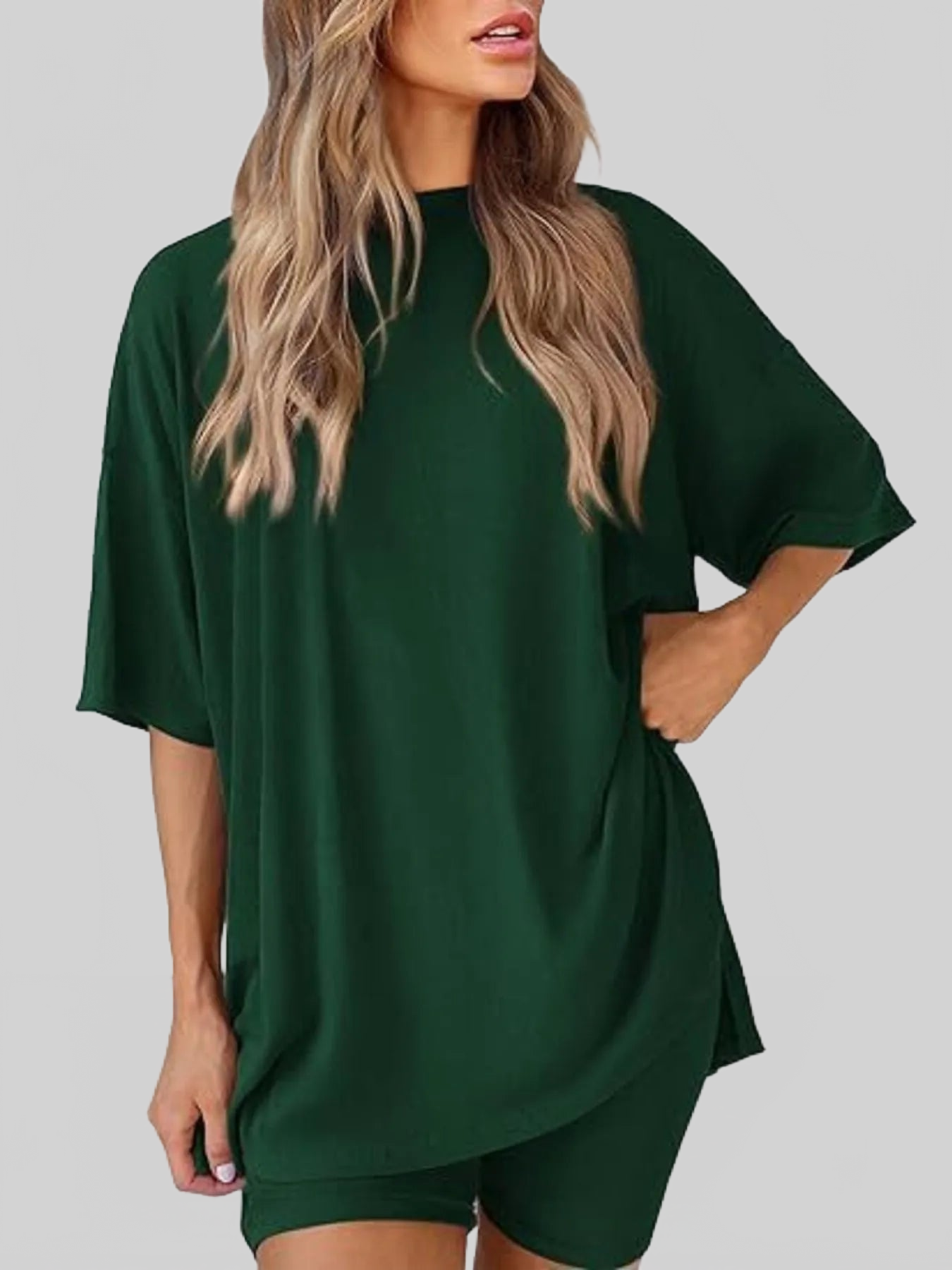 Full Size Oversized Slit Round Neck Top and Shorts Lounge Set Plus Size nicholesgifts