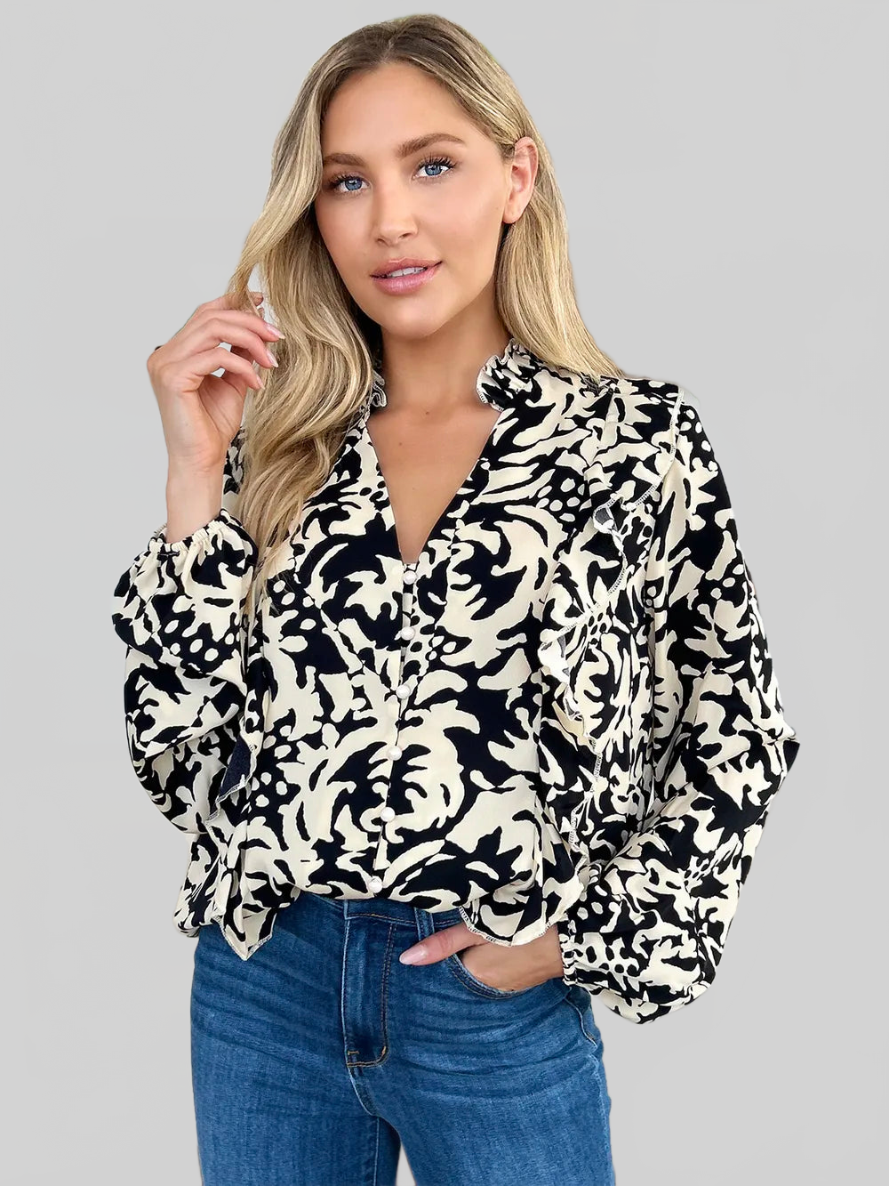 Women Double Take Full Size Printed Ruffle Trim Balloon Sleeve Shirt NicholesGifts