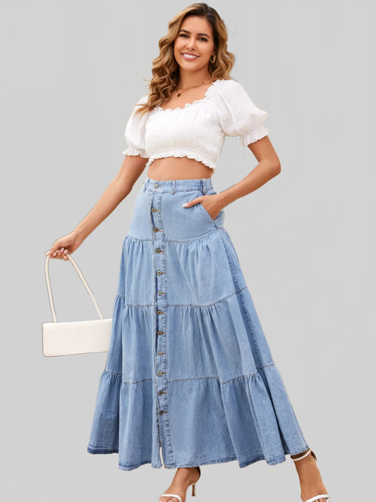 Button Front Tiered Denim Dress nicholesgifts