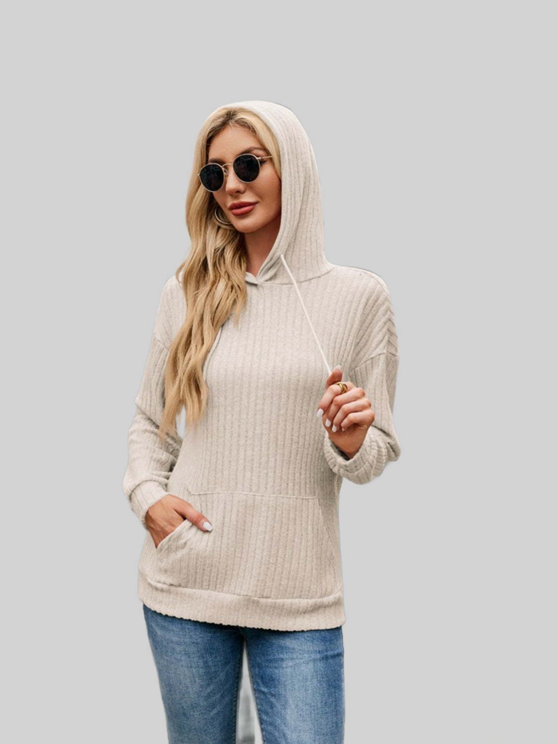 NicholesGifts Women Ribbed Drawstring Long Sleeve Hoodie nicholesgifts