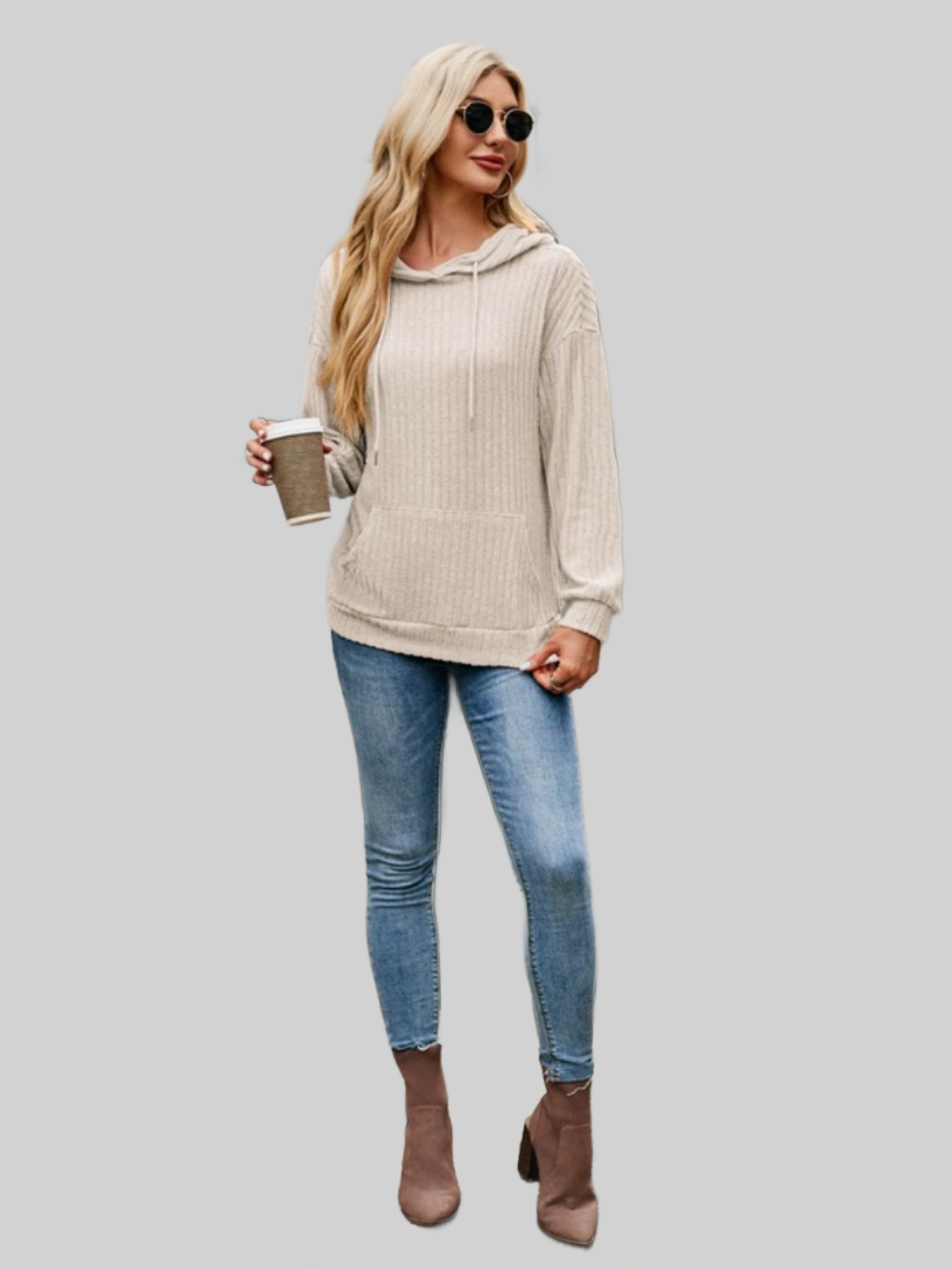 NicholesGifts Women Ribbed Drawstring Long Sleeve Hoodie nicholesgifts