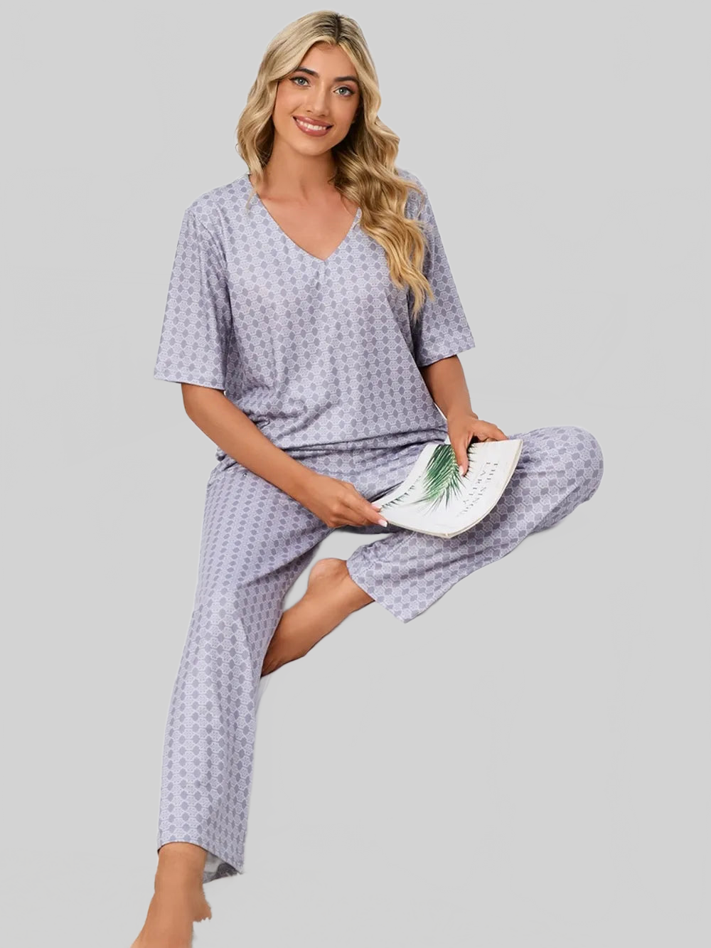 Printed V-Neck Top and Pants Lounge Set nicholesgifts