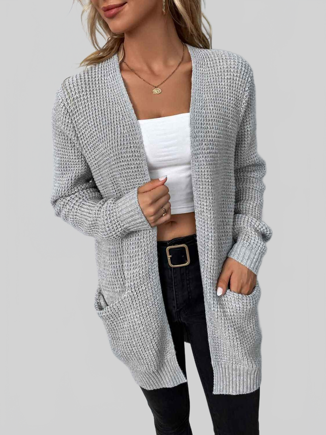 Rib-Knit Open Front Pocketed Cardigan nicholesgifts