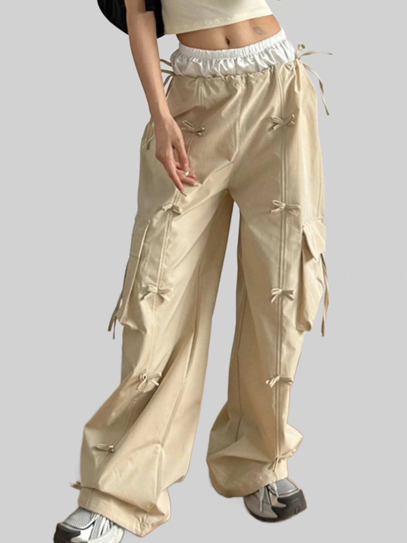 Women Cargo Wide Leg Pants with Bow Tie Details nicholesgifts