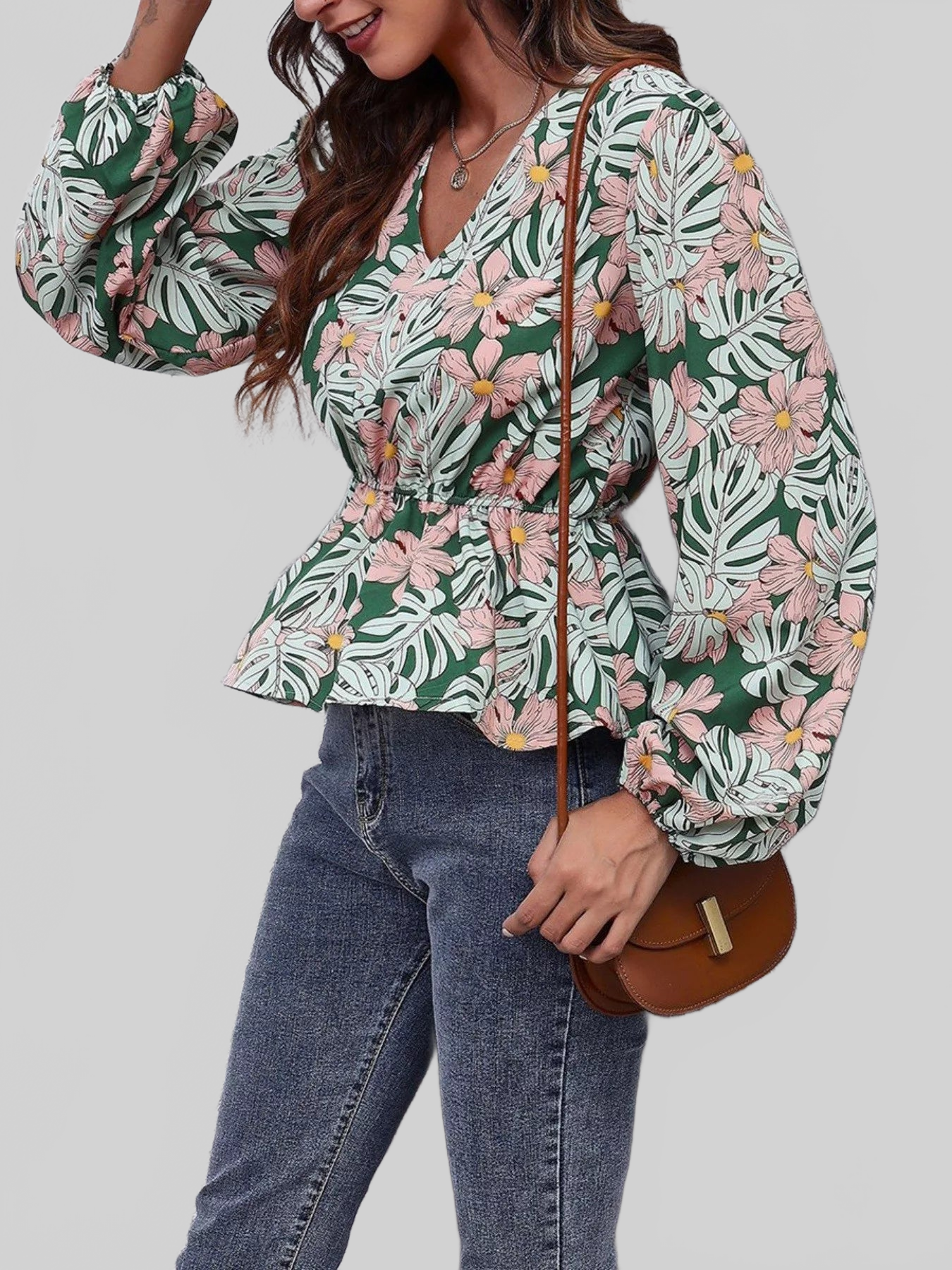 Floral V-Neck Balloon Sleeve Blouse NicholesGifts